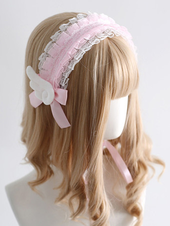 ピンクゴシックロリータアクセサリーエクリュホワイトフリルリボンレースヘッドウェアヘッドドレス