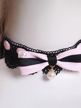 ゴシックロリータアクセサリー ブラックフリルパールカラーブロックレースチョーカー
