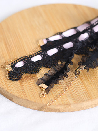 ゴシックロリータアクセサリー ブラックフリルパールカラーブロックレースチョーカー