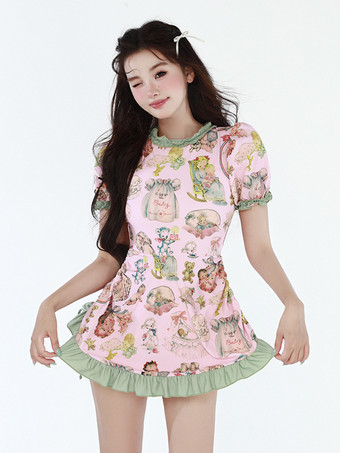 ピンクスイートロリータ水着 水着 衣装 ピンク フリル レースアップ 花柄 半袖 ドレス