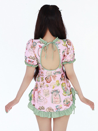 スイートロリータ水着 水着 衣装 ピンク フリル レースアップ 花柄 半袖 ドレス