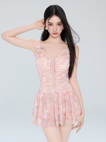 スイートロリータワンピース水着ピンクカラーブロックノースリーブ水着