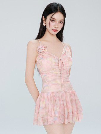 スイートロリータワンピース水着ピンクカラーブロックノースリーブ水着