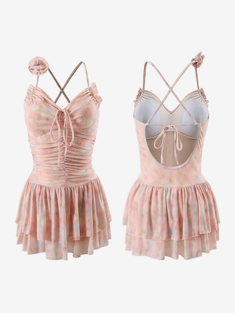 スイートロリータワンピース水着ピンクカラーブロックノースリーブ水着