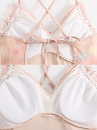 スイートロリータワンピース水着ピンクカラーブロックノースリーブ水着