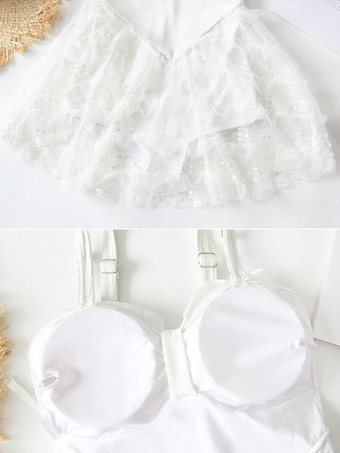 スイートな水着ロリータ水着ホワイトレースアップノースリーブドレス