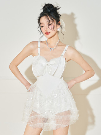 ホワイト スイートな水着ロリータ水着ホワイトレースアップノースリーブドレス