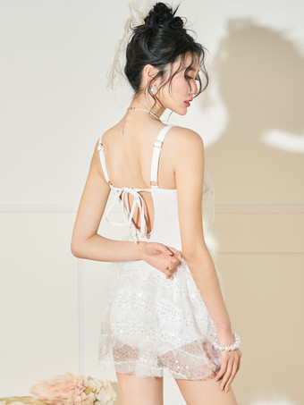 スイートな水着ロリータ水着ホワイトレースアップノースリーブドレス