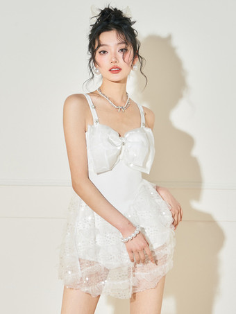 スイートな水着ロリータ水着ホワイトレースアップノースリーブドレス