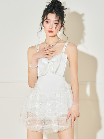 スイートな水着ロリータ水着ホワイトレースアップノースリーブドレス