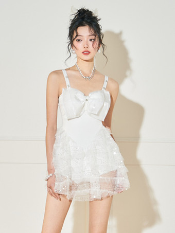 スイートな水着ロリータ水着ホワイトレースアップノースリーブドレス