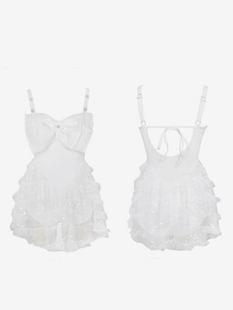 スイートな水着ロリータ水着ホワイトレースアップノースリーブドレス