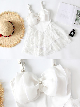 スイートな水着ロリータ水着ホワイトレースアップノースリーブドレス