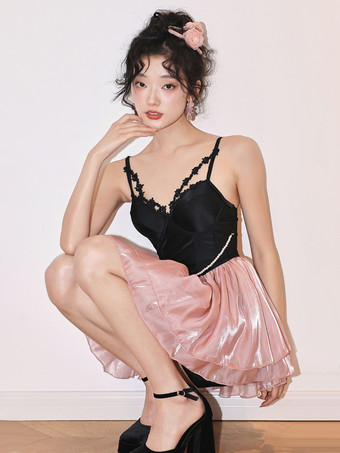 スイートロリータワンピース水着 水着 ブラック ピンク フリル カラーブロック ノースリーブドレス