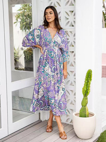 パープル 2025年夏のビーチにぴったりな、パープルフローラルプリントのVネックマキシ丈ボヘミアンドレス