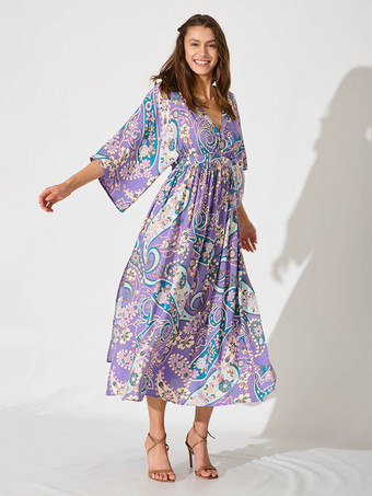 2025年夏のビーチにぴったりな、パープルフローラルプリントのVネックマキシ丈ボヘミアンドレス