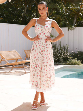 2025年夏向け花柄レーストリムノースリーブロングドレス