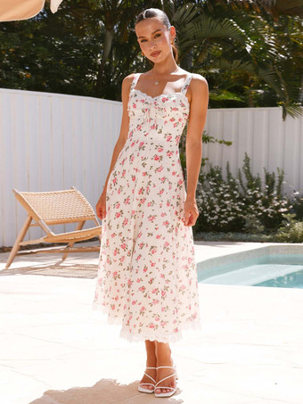 2025年夏向け花柄レーストリムノースリーブロングドレス