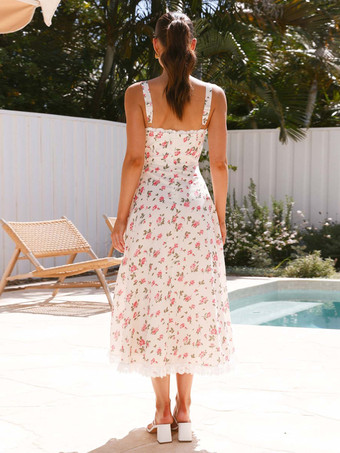 2025年夏向け花柄レーストリムノースリーブロングドレス