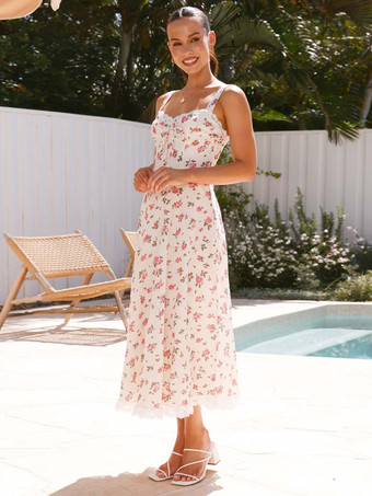 2025年夏向け花柄レーストリムノースリーブロングドレス