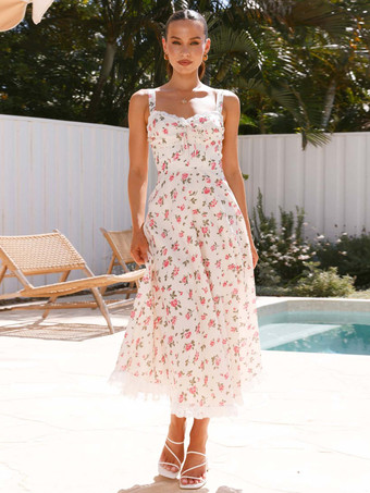 ホワイト 2025年夏向け花柄レーストリムノースリーブロングドレス