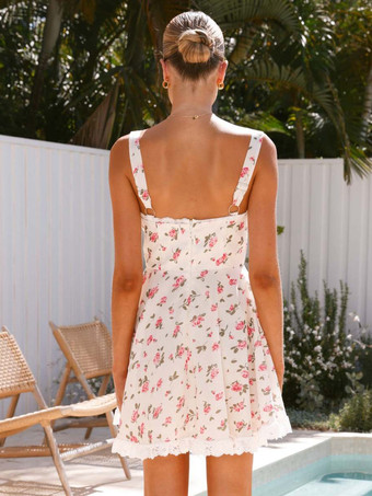 2025年夏向け花柄レーストリムノースリーブミニドレス