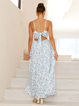 バックボウタイ付きフローラルプリントロングスリップドレス 2025