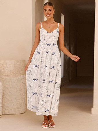 ホワイト バックボウタイ付きフローラルプリントロングスリップドレス 2025