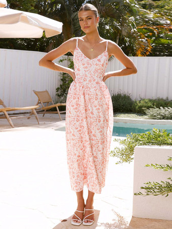 ピンクバックボウタイ付きフローラルプリントロングスリップドレス 2025