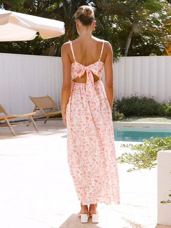 バックボウタイ付きフローラルプリントロングスリップドレス 2025
