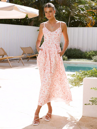 バックボウタイ付きフローラルプリントロングスリップドレス 2025