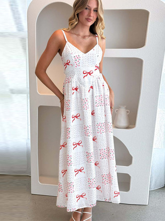 レッド バックボウタイ付きフローラルプリントロングスリップドレス 2025