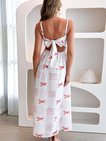 バックボウタイ付きフローラルプリントロングスリップドレス 2025