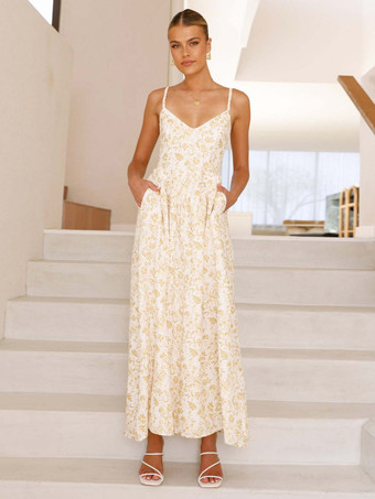 イエローバックボウタイ付きフローラルプリントロングスリップドレス 2025