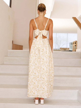 バックボウタイ付きフローラルプリントロングスリップドレス 2025