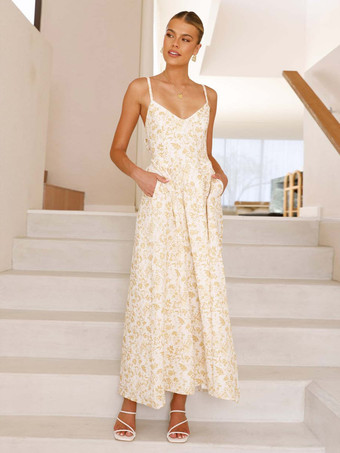 バックボウタイ付きフローラルプリントロングスリップドレス 2025