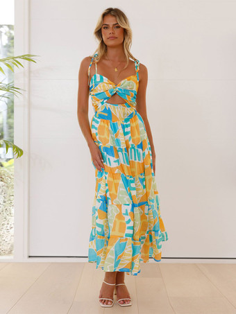 イエロー2025年夏向け幾何学模様プリントのカットアウトロングスリップドレス