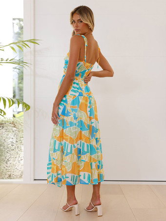 2025年夏向け幾何学模様プリントのカットアウトロングスリップドレス