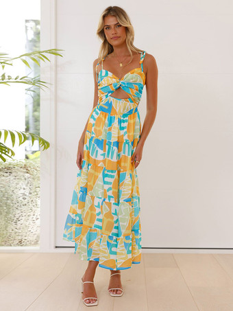 2025年夏向け幾何学模様プリントのカットアウトロングスリップドレス