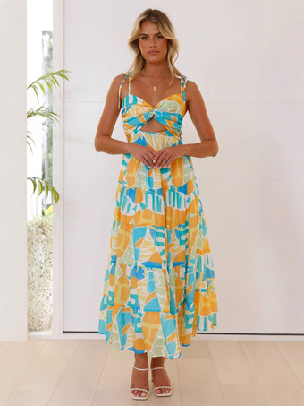 2025年夏向け幾何学模様プリントのカットアウトロングスリップドレス