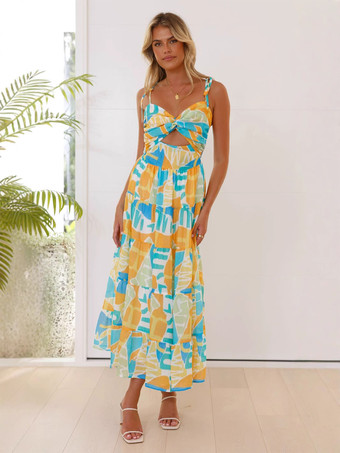 2025年夏向け幾何学模様プリントのカットアウトロングスリップドレス