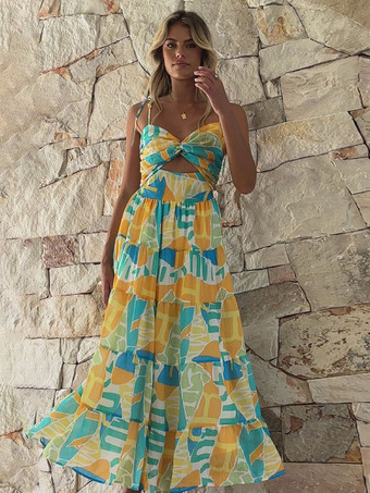 2025年夏向け幾何学模様プリントのカットアウトロングスリップドレス