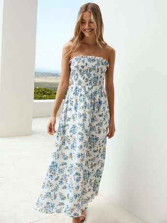 ライトスカイブルーブルーフローラルプリント ノースリーブ シャーリング マキシドレス レースアップバック 2025