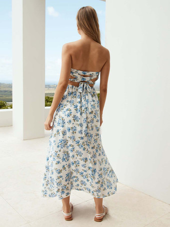 ブルーフローラルプリント ノースリーブ シャーリング マキシドレス レースアップバック 2025