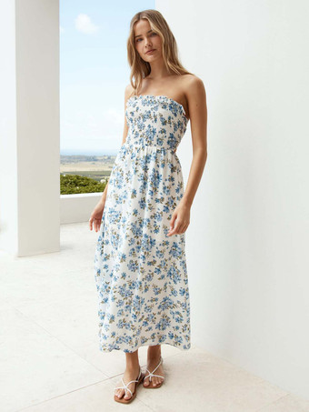 ブルーフローラルプリント ノースリーブ シャーリング マキシドレス レースアップバック 2025