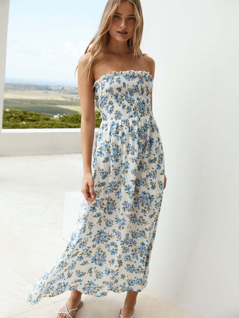 ブルーフローラルプリント ノースリーブ シャーリング マキシドレス レースアップバック 2025