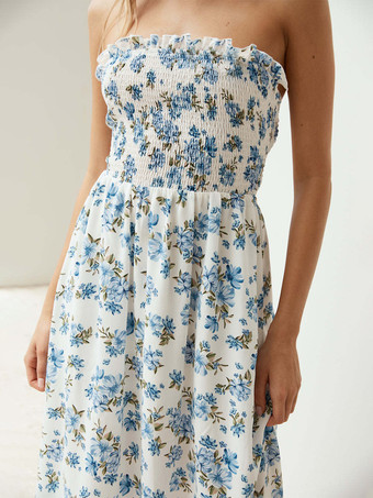 ブルーフローラルプリント ノースリーブ シャーリング マキシドレス レースアップバック 2025