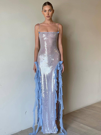 ライトスカイブルーブルーのスパンコールボディコンシアーロングスリップドレス（フリルハイスリット入り）2025