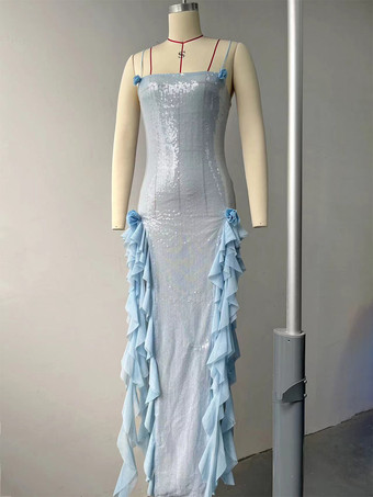 ブルーのスパンコールボディコンシアーロングスリップドレス（フリルハイスリット入り）2025