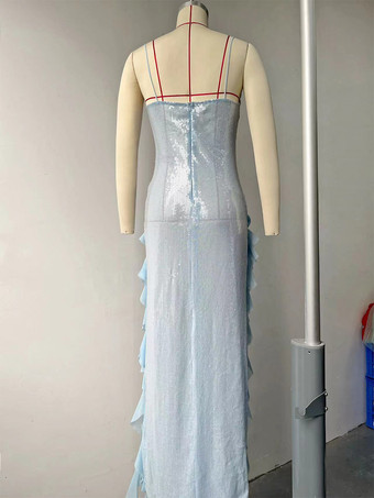 ブルーのスパンコールボディコンシアーロングスリップドレス（フリルハイスリット入り）2025